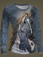 Women's Vintage Horse Art Round neck long sleeve T-shirt