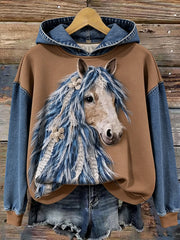 Women's Vintage Horse Art Patchwork Hooded Sweatshirt