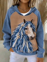 Women's Vintage Horse Art Patchwork Hooded Sweatshirt