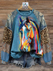 Women's Vintage Western Horse Leopard Patchwork Print Casual Sweatshirt