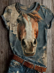 Women's Vintage Horse Art Print Casual Short Sleeve T-shirt