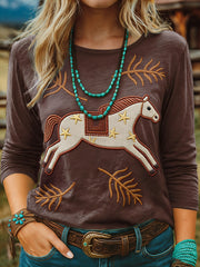 Women's Vintage Horse Art Print Casual Long Sleeve T-shirt
