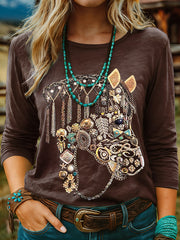 Women's Vintage Horse Art Print Casual Long Sleeve T-shirt