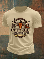 Men's Retro CTT Oil Exploration & Cattle Print Casual Tee