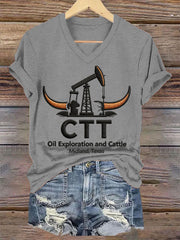 Women's Retro CTT Oil Exploration & Cattle Print Casual V-Neck Tee