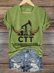 Women's Retro CTT Oil Exploration & Cattle Print Casual V-Neck Tee