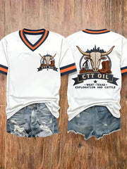 Women's Retro CTT Oil Exploration & Cattle Print Casual V-Neck Tee