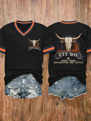 Women's Retro CTT Oil Exploration & Cattle Print Casual V-Neck Tee