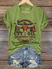 Women's Retro CTT Oil Exploration & Cattle Print Casual V-Neck Tee