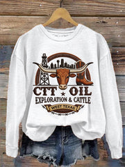 Women's Retro CTT Oil Exploration & Cattle Print Casual Sweatshirt