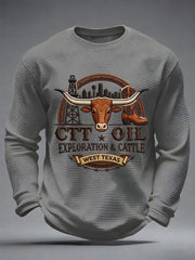 Men's Retro CTT Oil Exploration & Cattle Print Casual Waffle Long Sleeve T-Shirt