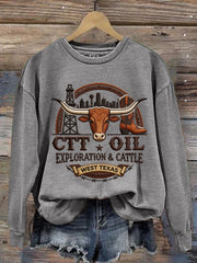 Women's Retro CTT Oil Exploration & Cattle Print Casual Sweatshirt