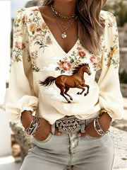 Women's Floral Horse Print V-Neck Tops