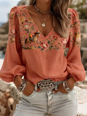 Women's Western Floral Horse Print V-Neck Tops