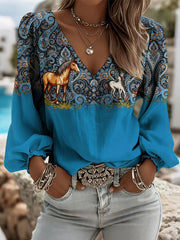 Women's Western Style Horse Print V-Neck Tops