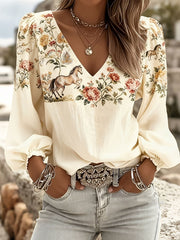 Women's Floral Horse Print V-Neck Tops