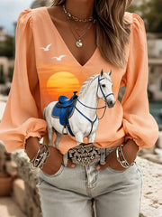 Women's Sunset Horse Print V-Neck Tops