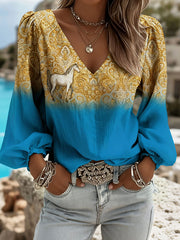 Women's Paisley Art Horse Print V-Neck Tops