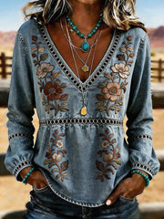 Women's Western Vintage Floral Print Casual V-Neck T-Shirt