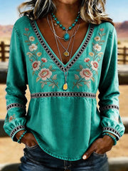 Women's Western Vintage Floral Print Casual V-Neck T-Shirt