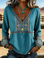 Women's Western Vintage Aztec Print Casual Hollow-out Denim Shirt