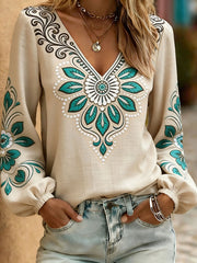 Women's Western Style Plant Flower Printed V-neck Tops