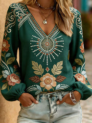 Women's Western Style Plant Flower Printed V-neck Tops
