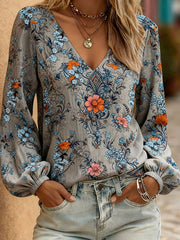 Women's Western Style Plant Flower Printed V-neck Tops