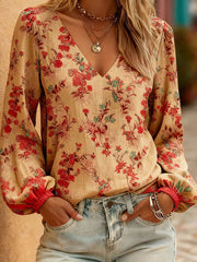 Women's Western Style Plant Flower Printed V-neck Tops