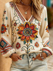 Women's Western Style Plant Flower Printed V-neck Tops