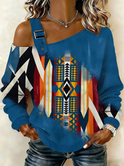 Women's Retro Western Aztec Print Casual Off-Shoulder Sweatshirt