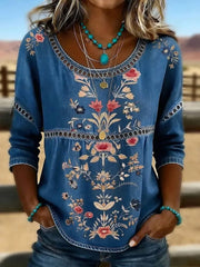 Women's Western Vintage Floral Print Casual O-Neck Top