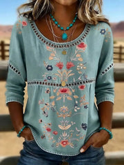 Women's Western Vintage Floral Print Casual O-Neck Top