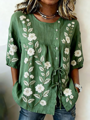 Women's Plants And Flowers Buttoned And Laced Linen Blend Shirt