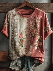 Women's Vintage Floral Art Print Casual Short Sleeve T-shirt