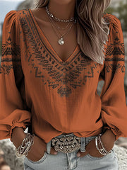 Women's Vintage Western Style V-Neck Long Sleeve Top