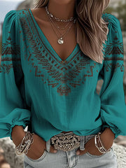 Women's Vintage Western Style V-Neck Long Sleeve Top