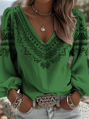 Women's Vintage Western Style V-Neck Long Sleeve Top