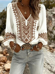 Women's Vintage Western Style V-Neck Long Sleeve Top