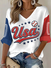 Women's USA Baseball Print Casual V-Neck Waffle Top