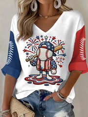 Women's USA Baseball Print Casual V-Neck Waffle Top