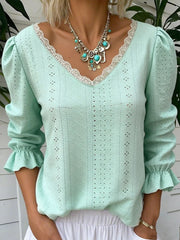 Women's Lace-Trimmed Openwork 3/4-Sleeve Shirt