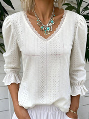 Women's Lace-Trimmed Openwork 3/4-Sleeve Shirt