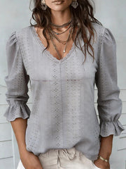 Women's Lace-Trimmed Openwork 3/4-Sleeve Shirt