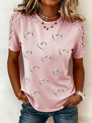 Women's Lace-Paneled Love Heart Print Casual Tee