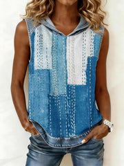 Women's Denim Patchwork Art Hooded Top