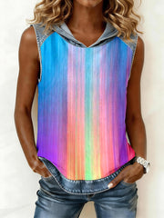 Women's Colorful Striped Print Denim Patchwork Hooded Top