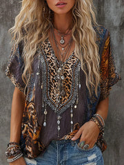 Women's Vintage Leopard Print Linen Blend V-Neck Shirt