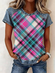 Women's Vintage Plaid Print Denim Patchwork Top