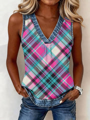 Women's Vintage Plaid Print Denim Patchwork V-Neck Top